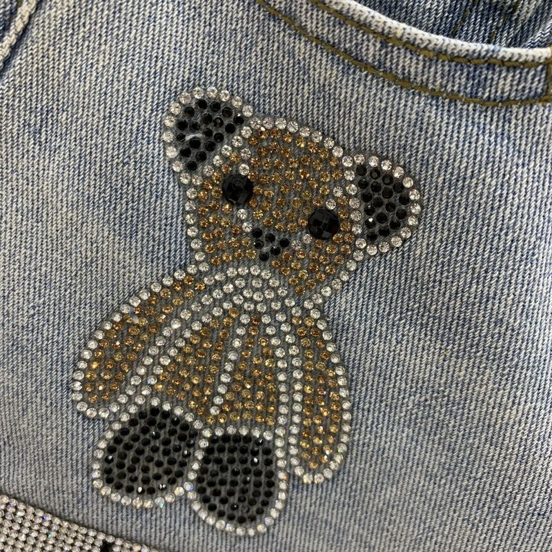 Jiashucheng Hàng Châu Âu Quần Short Denim Họa Tiết Gấu Hoạt Hình Đính Đá Thời Trang Mùa Hè Mới Dễ Phối Đồ Cho Nữ Ri