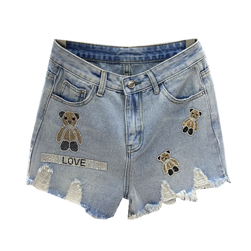 Jiashucheng Hàng Châu Âu Quần Short Denim Họa Tiết Gấu Hoạt Hình Đính Đá Thời Trang Mùa Hè Mới Dễ Phối Đồ Cho Nữ Ri