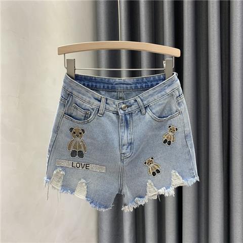 Jiashucheng Hàng Châu Âu Quần Short Denim Họa Tiết Gấu Hoạt Hình Đính Đá Thời Trang Mùa Hè Mới Dễ Phối Đồ Cho Nữ Ri