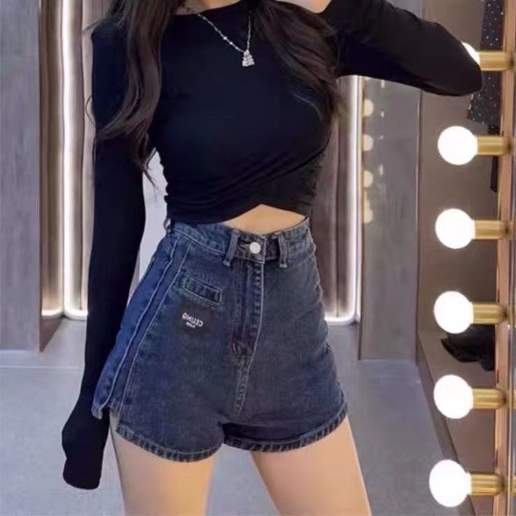 Jiashucheng Quần Short Denim Lưng Cao Dáng Chữ a Rộng Thời Trang Mới Cho Nữ