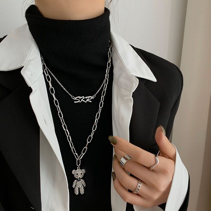 Vòng cổ Mặt Hình Gấu Đính Đá Dễ Thương Phong Cách Hip Hop Cho Nữ