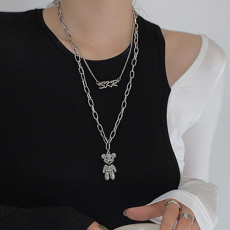 Vòng cổ Mặt Hình Gấu Đính Đá Dễ Thương Phong Cách Hip Hop Cho Nữ