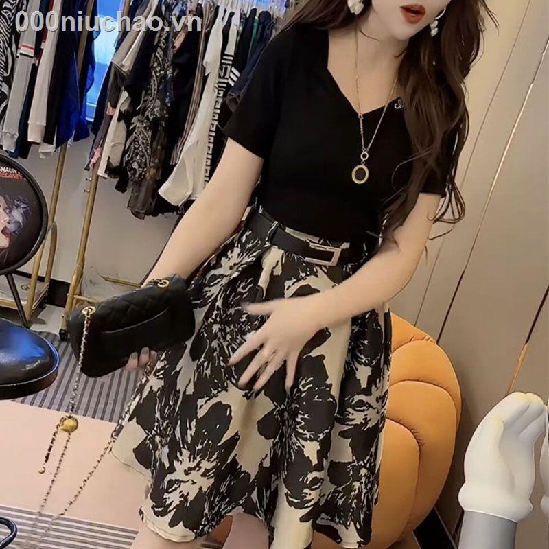 Set Áo Thun Ngắn Tay + Chân Váy Hoa Giả Thời Trang Nữ Tính