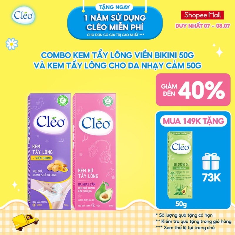 Bộ kem tẩy lông cho da nhạy cảm Cléo gồm kem tẩy lông vùng kín 50g và kem tẩy lông nách 50g, an toàn, da láng mịn