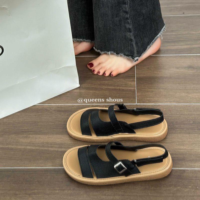 Giày Sandal Đế Mềm Phẳng Hở Ngón Mùa Hè 2023 Có Khóa Cài Phong Cách Roman Cho Nữ