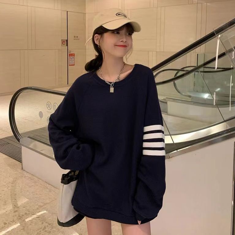Jiashucheng Fat MM Áo Sweatshirt Mỏng Tay Dài Dáng Rộng Kẻ Sọc Bốn Sọc Phong Cách Hàn Quốc Cho Nữ Sinh