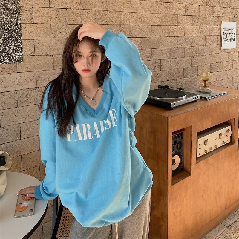Jiashucheng Áo Khoác Sweatshirt Mỏng Dáng Rộng Cổ Chữ V Phong Cách Lười Phong Cách Xuân Thu Hợp Thời Trang Cho Nữ