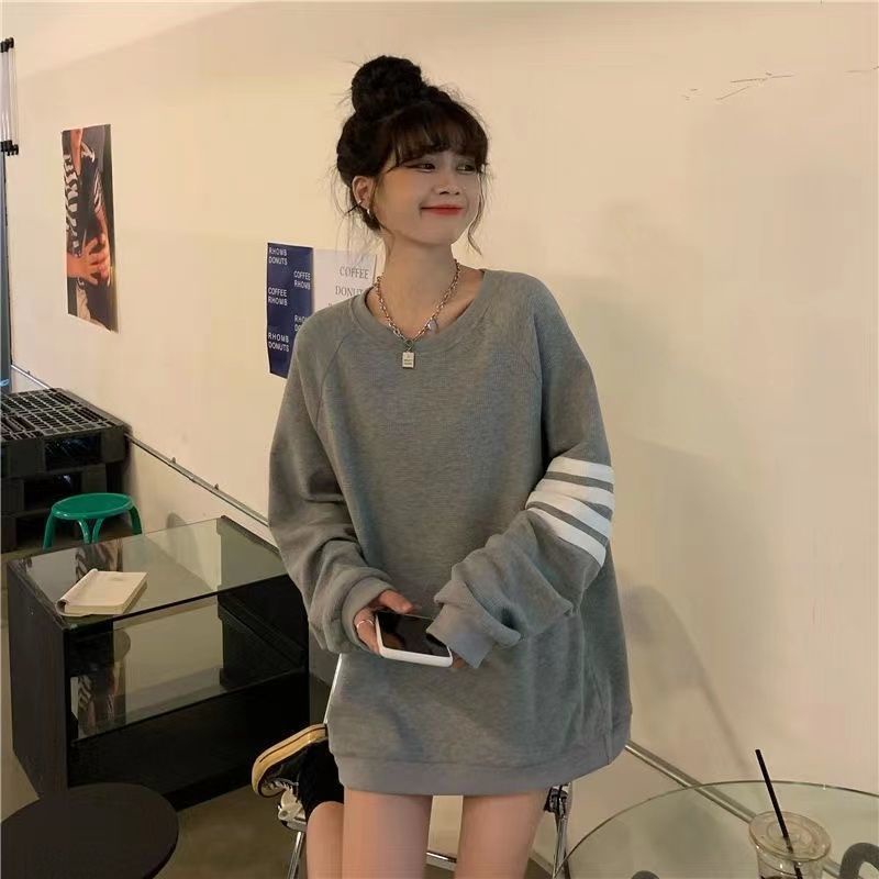 Jiashucheng Fat MM Áo Sweatshirt Mỏng Tay Dài Dáng Rộng Kẻ Sọc Bốn Sọc Phong Cách Hàn Quốc Cho Nữ Sinh