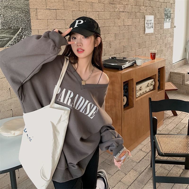 Jiashucheng Áo Khoác Sweatshirt Mỏng Dáng Rộng Cổ Chữ V Phong Cách Lười Phong Cách Xuân Thu Hợp Thời Trang Cho Nữ