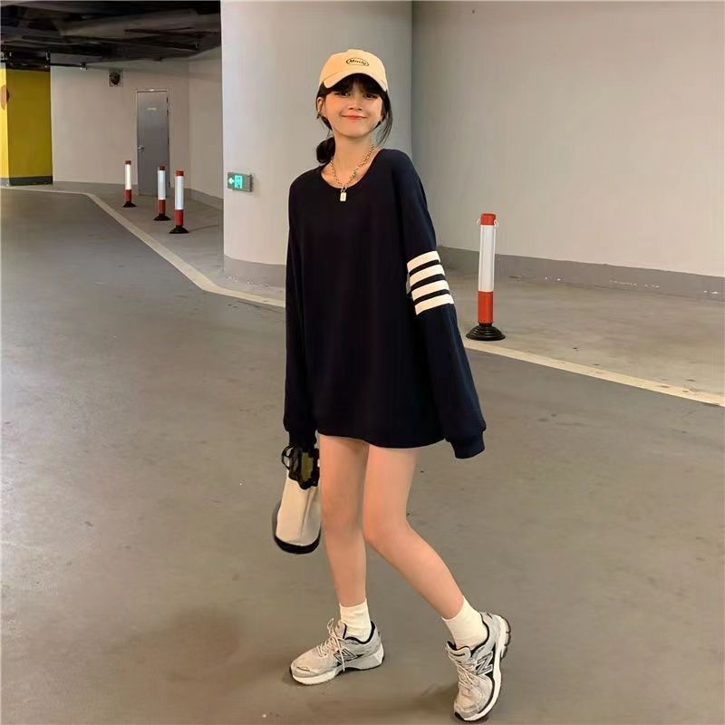 Jiashucheng Fat MM Áo Sweatshirt Mỏng Tay Dài Dáng Rộng Kẻ Sọc Bốn Sọc Phong Cách Hàn Quốc Cho Nữ Sinh