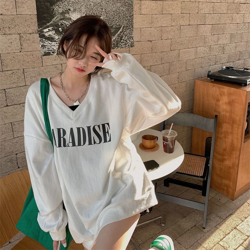Jiashucheng Áo Khoác Sweatshirt Mỏng Dáng Rộng Cổ Chữ V Phong Cách Lười Phong Cách Xuân Thu Hợp Thời Trang Cho Nữ