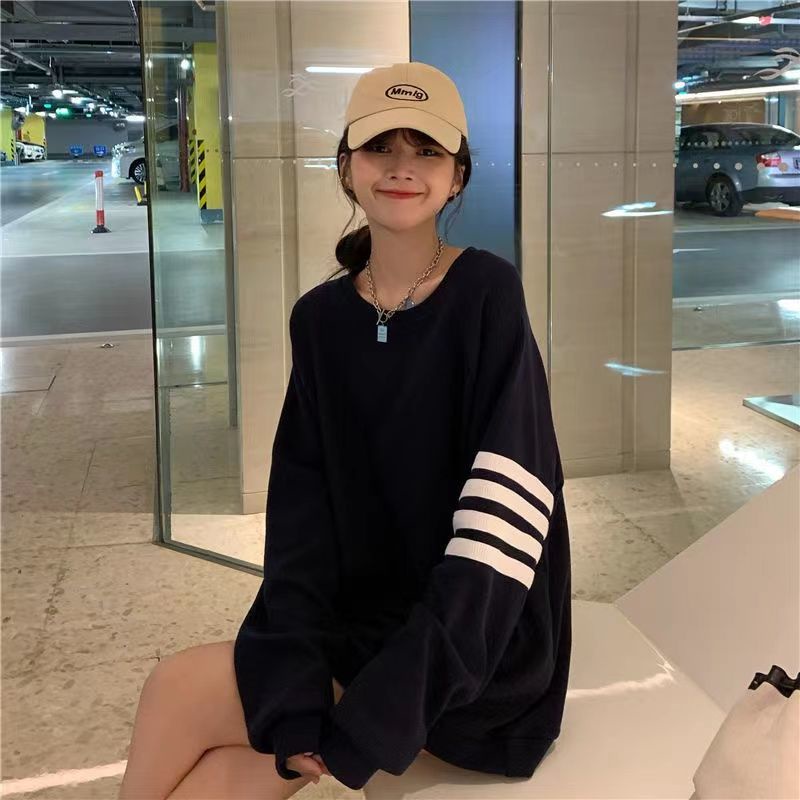 Jiashucheng Fat MM Áo Sweatshirt Mỏng Tay Dài Dáng Rộng Kẻ Sọc Bốn Sọc Phong Cách Hàn Quốc Cho Nữ Sinh