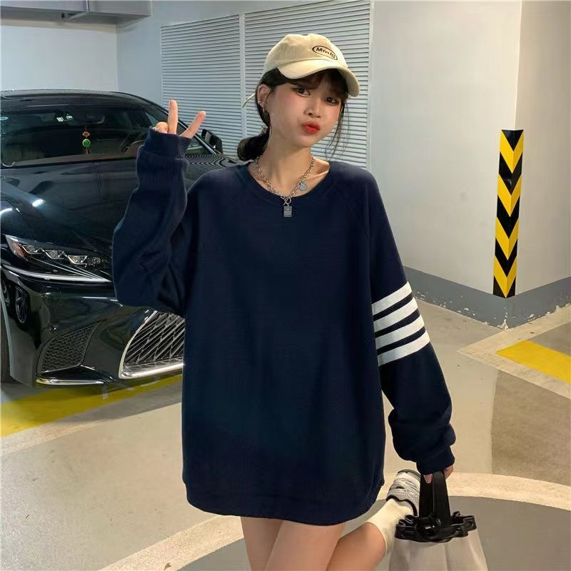 Jiashucheng Fat MM Áo Sweatshirt Mỏng Tay Dài Dáng Rộng Kẻ Sọc Bốn Sọc Phong Cách Hàn Quốc Cho Nữ Sinh