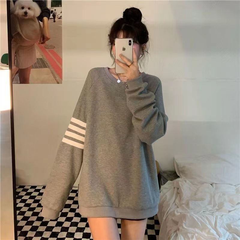 Jiashucheng Fat MM Áo Sweatshirt Mỏng Tay Dài Dáng Rộng Kẻ Sọc Bốn Sọc Phong Cách Hàn Quốc Cho Nữ Sinh
