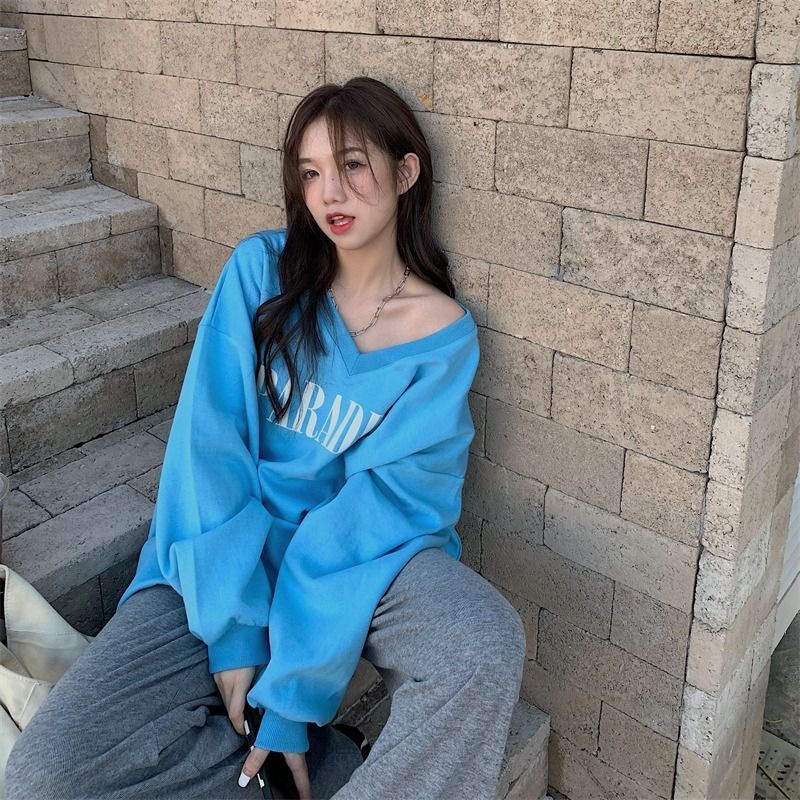 Jiashucheng Áo Khoác Sweatshirt Mỏng Dáng Rộng Cổ Chữ V Phong Cách Lười Phong Cách Xuân Thu Hợp Thời Trang Cho Nữ