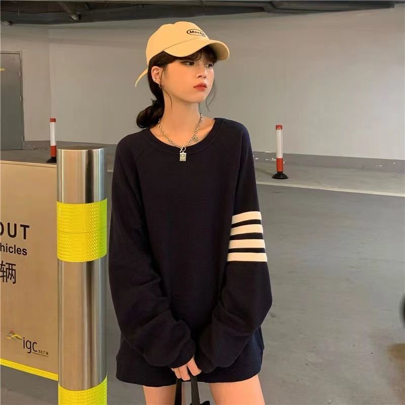 Jiashucheng Fat MM Áo Sweatshirt Mỏng Tay Dài Dáng Rộng Kẻ Sọc Bốn Sọc Phong Cách Hàn Quốc Cho Nữ Sinh