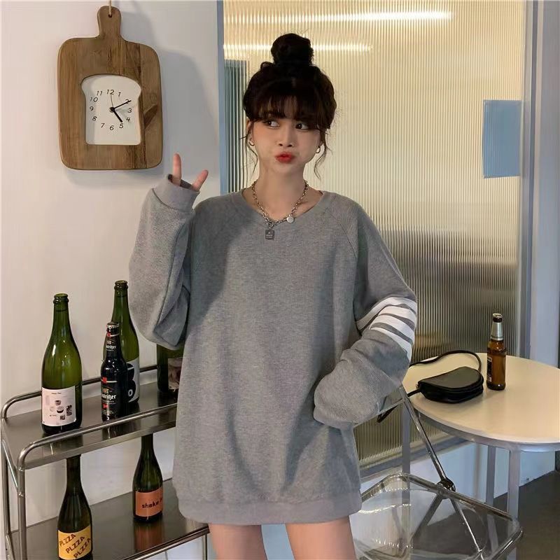 Jiashucheng Fat MM Áo Sweatshirt Mỏng Tay Dài Dáng Rộng Kẻ Sọc Bốn Sọc Phong Cách Hàn Quốc Cho Nữ Sinh