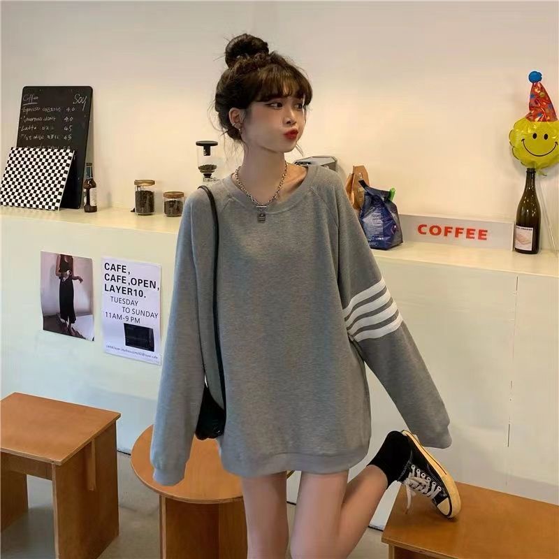 Jiashucheng Fat MM Áo Sweatshirt Mỏng Tay Dài Dáng Rộng Kẻ Sọc Bốn Sọc Phong Cách Hàn Quốc Cho Nữ Sinh