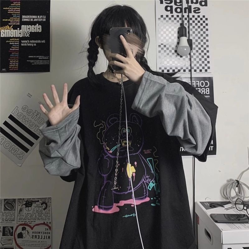 Jiashucheng Áo Thun Tay Dài Giả Hai Lớp Dáng Rộng Phong Cách Harajuku Hàn Quốc Ngọt Ngào Cho Nữ