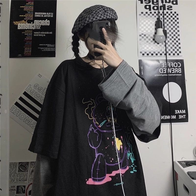 Jiashucheng Áo Thun Tay Dài Giả Hai Lớp Dáng Rộng Phong Cách Harajuku Hàn Quốc Ngọt Ngào Cho Nữ