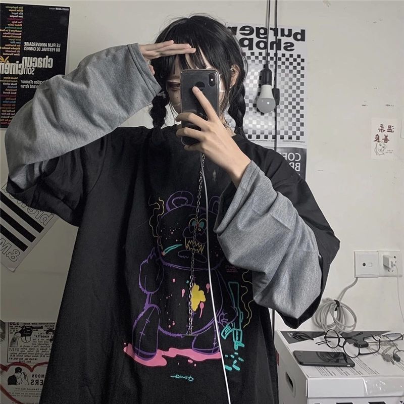 Jiashucheng Áo Thun Tay Dài Giả Hai Lớp Dáng Rộng Phong Cách Harajuku Hàn Quốc Ngọt Ngào Cho Nữ