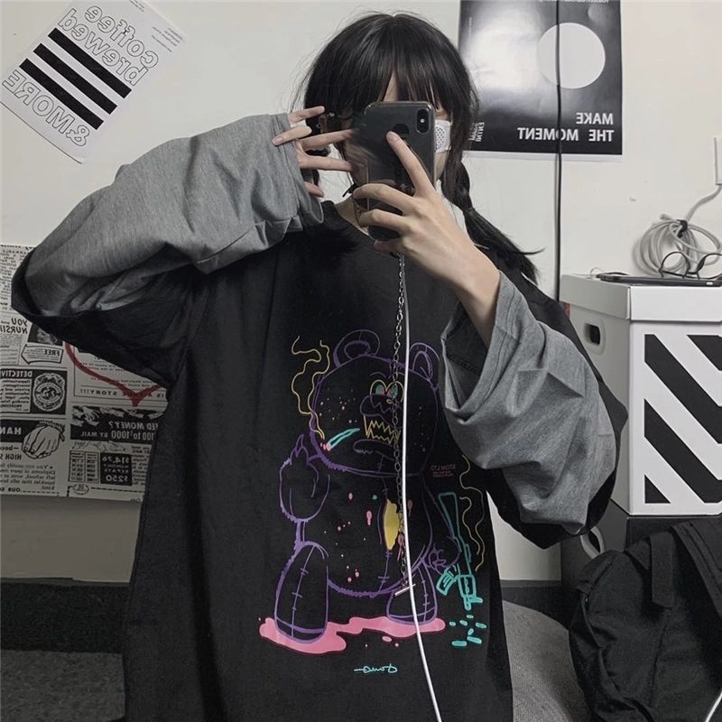 Jiashucheng Áo Thun Tay Dài Giả Hai Lớp Dáng Rộng Phong Cách Harajuku Hàn Quốc Ngọt Ngào Cho Nữ