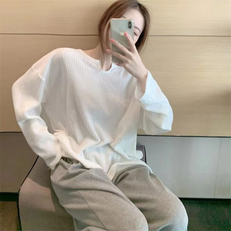 Jiashucheng Waffle Áo Thun Nữ Tay Dài Dáng Rộng Màu Trơn Phong Cách Mới Mùa Thu