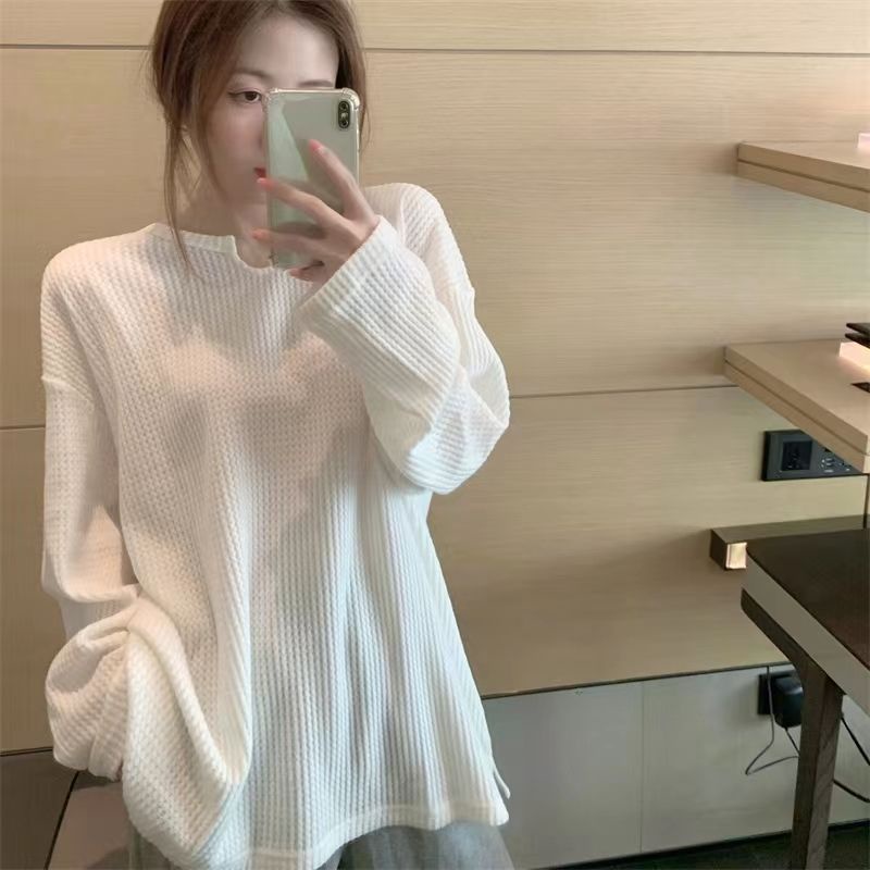 Jiashucheng Waffle Áo Thun Nữ Tay Dài Dáng Rộng Màu Trơn Phong Cách Mới Mùa Thu