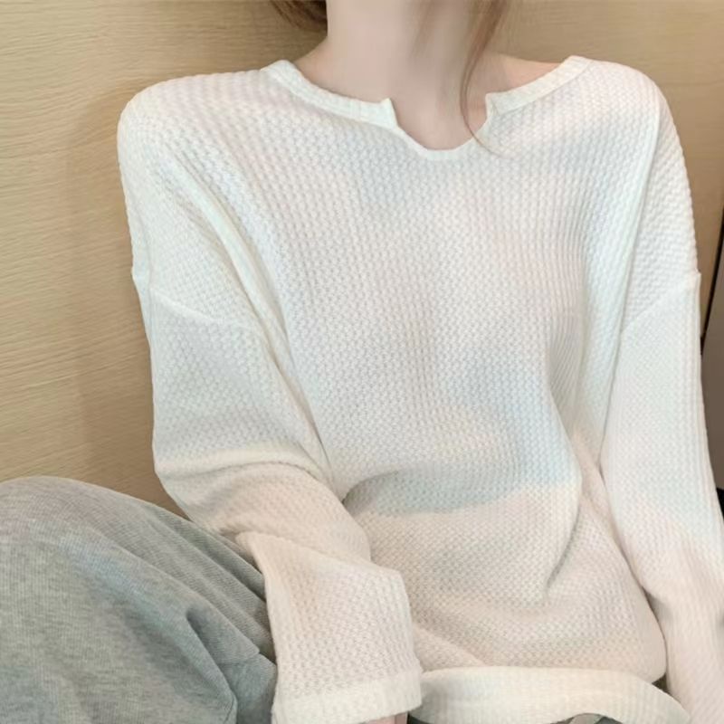 Jiashucheng Waffle Áo Thun Nữ Tay Dài Dáng Rộng Màu Trơn Phong Cách Mới Mùa Thu