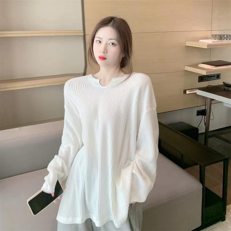 Jiashucheng Waffle Áo Thun Nữ Tay Dài Dáng Rộng Màu Trơn Phong Cách Mới Mùa Thu