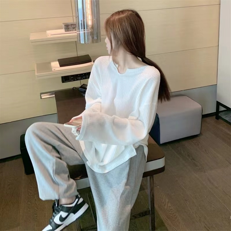 Jiashucheng Waffle Áo Thun Nữ Tay Dài Dáng Rộng Màu Trơn Phong Cách Mới Mùa Thu