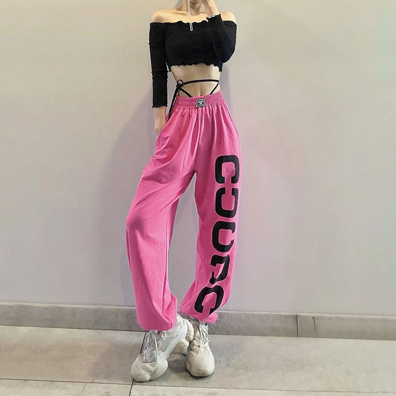 Jiashucheng Quần Legging Màu Đỏ Hồng Dáng Rộng Phong Cách Hip Hop Đường Phố Cho Nữ