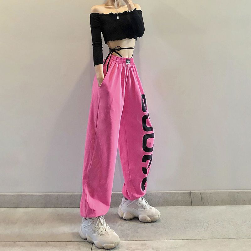 Jiashucheng Quần Legging Màu Đỏ Hồng Dáng Rộng Phong Cách Hip Hop Đường Phố Cho Nữ