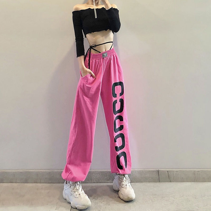 Jiashucheng Quần Legging Màu Đỏ Hồng Dáng Rộng Phong Cách Hip Hop Đường Phố Cho Nữ