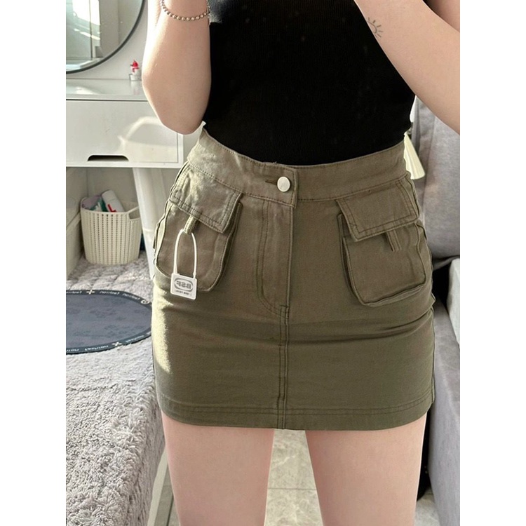 Jiashucheng Váy Yếm Denim Ngắn Dáng Chữ a Eo Cao Phong Cách Retro Mỹ Thời Trang Mùa Hè Mới Dành Cho Bạn Nữ