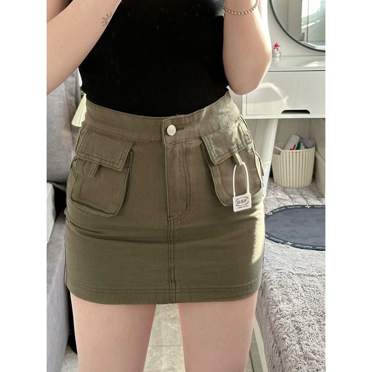 Jiashucheng Váy Yếm Denim Ngắn Dáng Chữ a Eo Cao Phong Cách Retro Mỹ Thời Trang Mùa Hè Mới Dành Cho Bạn Nữ