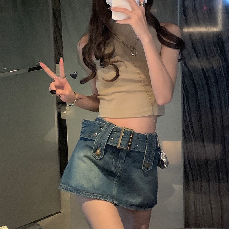 Jiashucheng Chân Váy Denim Chữ A Lưng Cao Thời Trang Mùa Hè Phong Cách Retro Mới