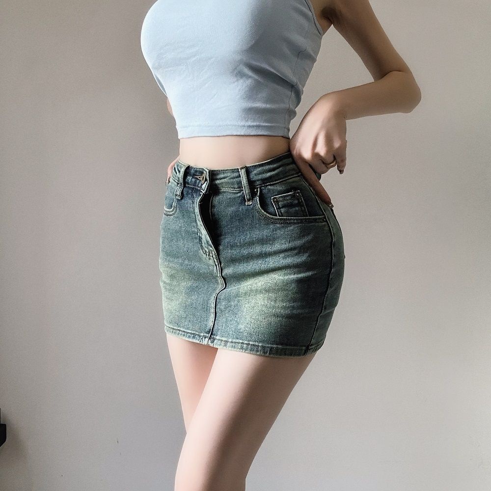 Jiashucheng Chân Váy Jean Xám Eo Cao Co Giãn Ôm Dáng Phong Cách Retro Mùa Xuân Kích Thước Nhỏ Có Thể Giặt Rửa Cho