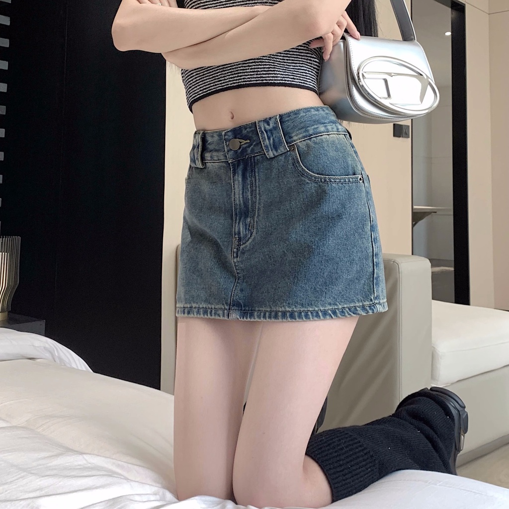 Jiashucheng Chân Váy Denim Chữ a Lưng Cao Dáng Ôm Phong Cách Retro Mỹ Thời Trang Mùa Hè Hàng Mới Dành Cho Bạn Nữ