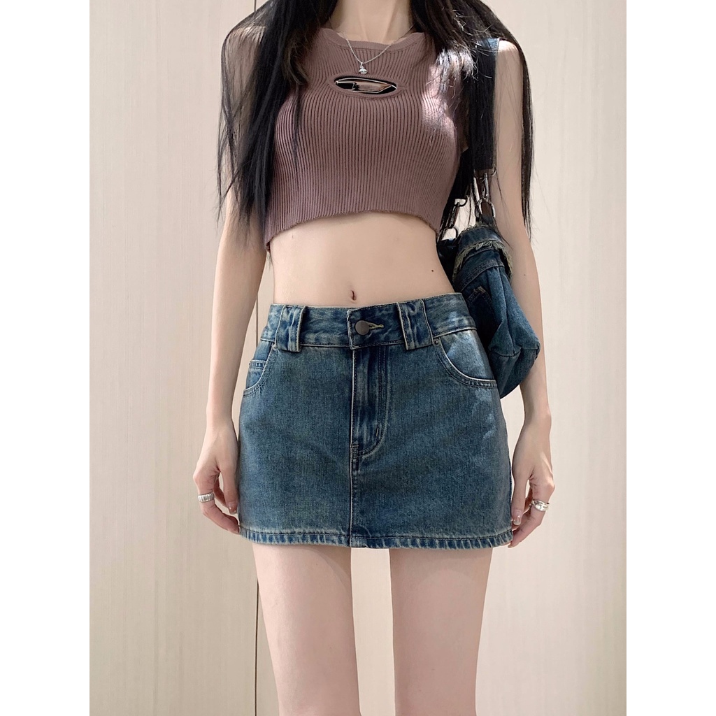 Jiashucheng Chân Váy Denim Chữ a Lưng Cao Dáng Ôm Phong Cách Retro Mỹ Thời Trang Mùa Hè Hàng Mới Dành Cho Bạn Nữ