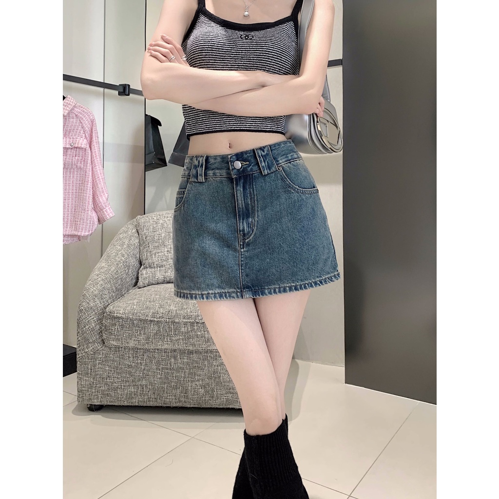 Jiashucheng Chân Váy Denim Chữ a Lưng Cao Dáng Ôm Phong Cách Retro Mỹ Thời Trang Mùa Hè Hàng Mới Dành Cho Bạn Nữ