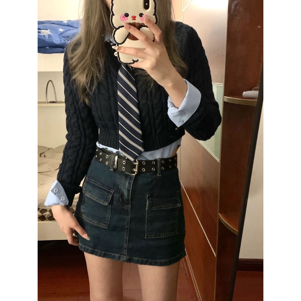 Jiashucheng Chân Váy Denim Dáng Chữ A Có Túi Lót Chống Lóa Phong Cách Retro Hong Kong Mùa Hè Cho Nữ