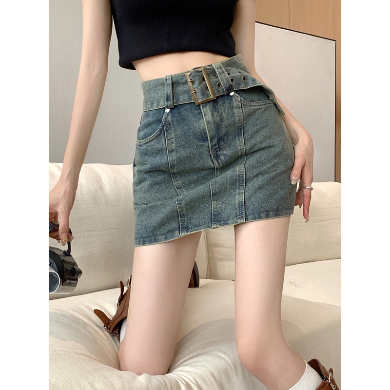 Jiashucheng Chân Váy Denim Ngắn Eo Cao Ôm Hông Chống Chớp Nháy Phong Cách Retro Mỹ Mùa Hè Dành Cho Nữ