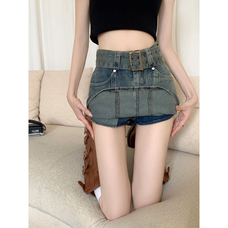 Jiashucheng Chân Váy Denim Ngắn Eo Cao Ôm Hông Chống Chớp Nháy Phong Cách Retro Mỹ Mùa Hè Dành Cho Nữ