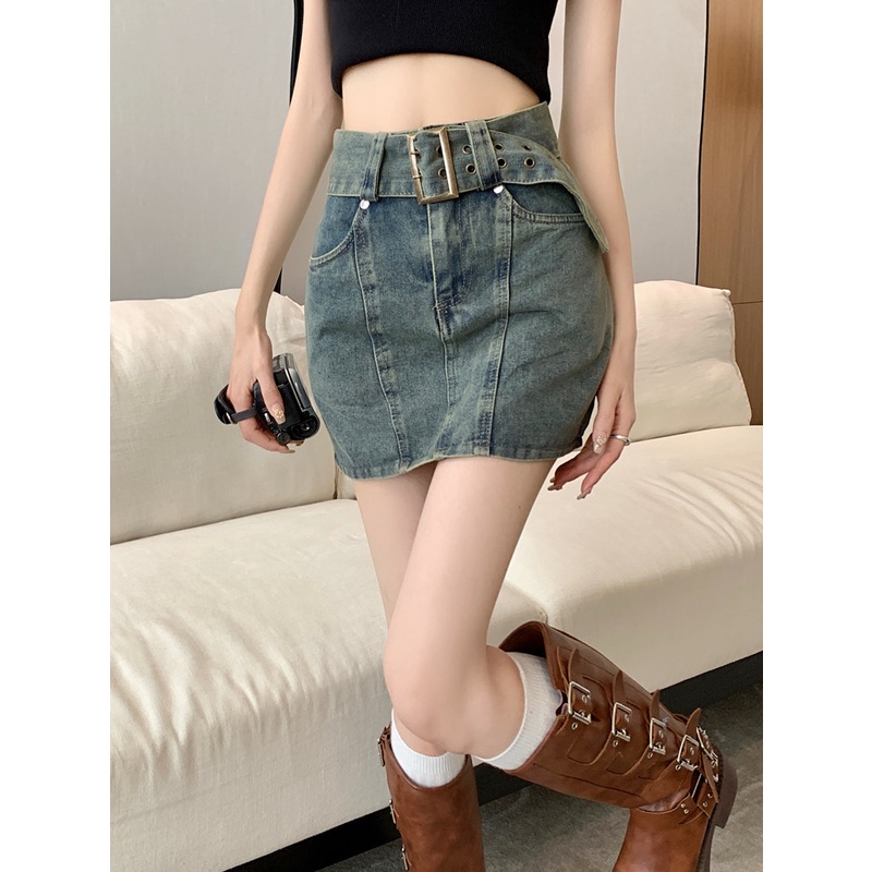 Jiashucheng Chân Váy Denim Ngắn Eo Cao Ôm Hông Chống Chớp Nháy Phong Cách Retro Mỹ Mùa Hè Dành Cho Nữ