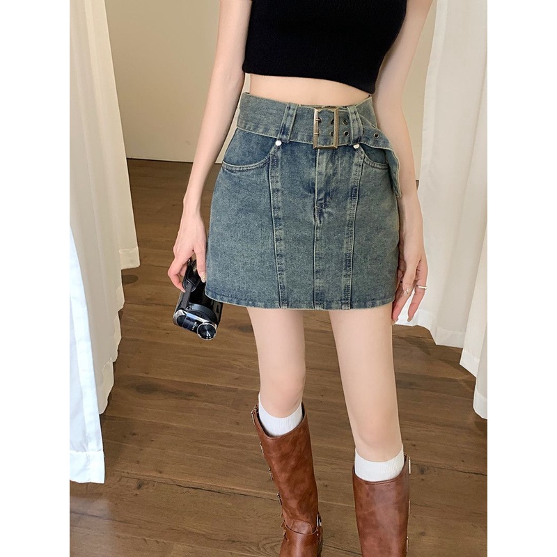 Jiashucheng Chân Váy Denim Ngắn Eo Cao Ôm Hông Chống Chớp Nháy Phong Cách Retro Mỹ Mùa Hè Dành Cho Nữ