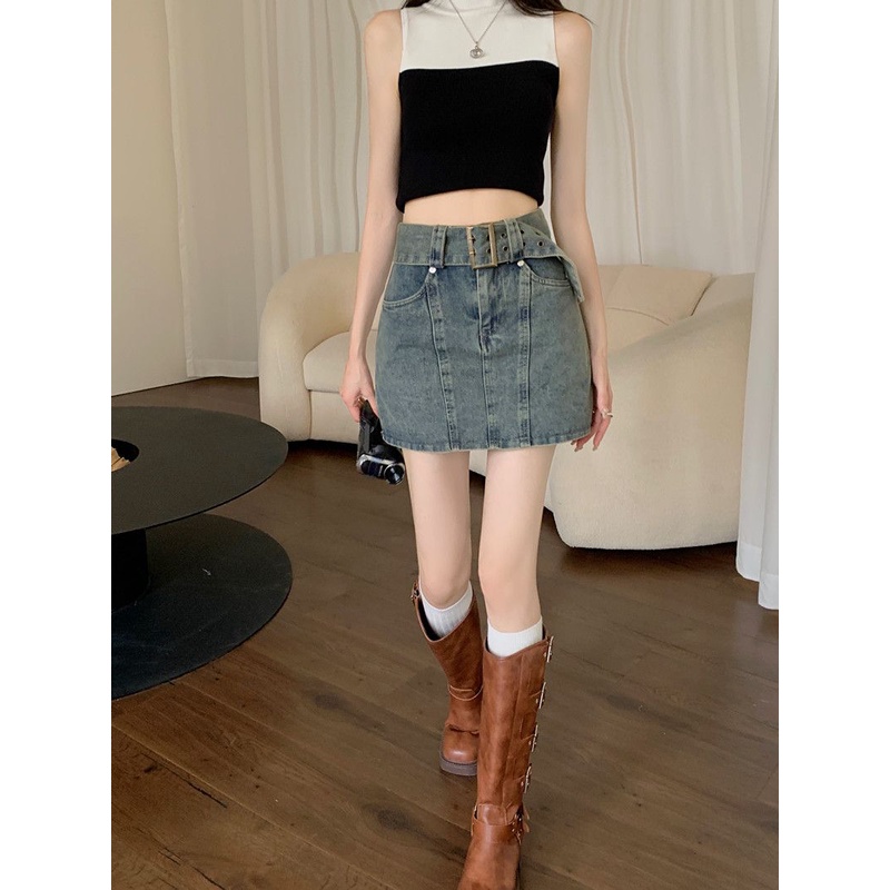 Jiashucheng Chân Váy Denim Ngắn Eo Cao Ôm Hông Chống Chớp Nháy Phong Cách Retro Mỹ Mùa Hè Dành Cho Nữ