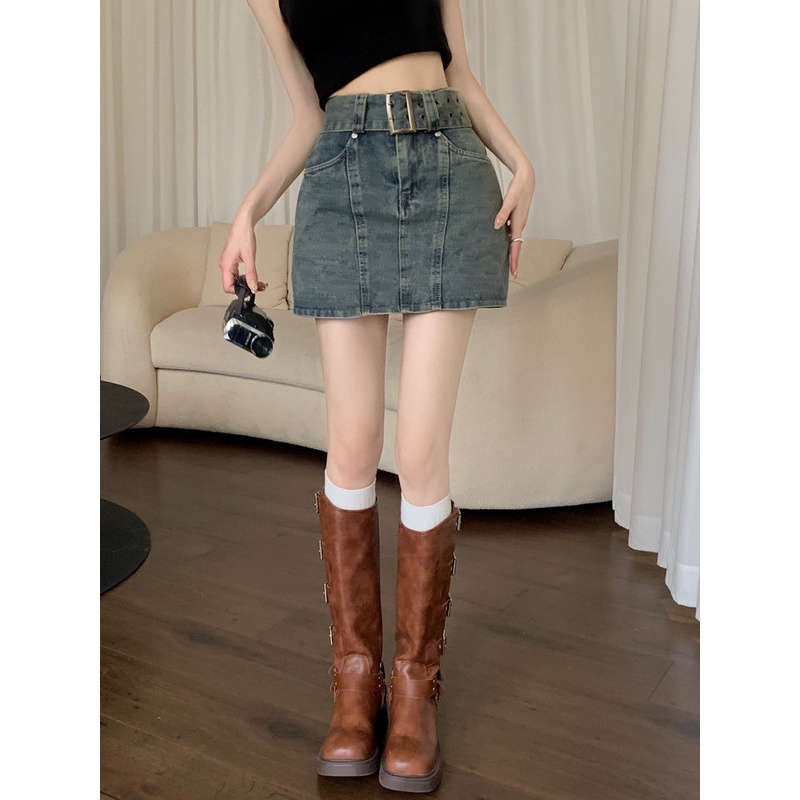 Jiashucheng Chân Váy Denim Ngắn Eo Cao Ôm Hông Chống Chớp Nháy Phong Cách Retro Mỹ Mùa Hè Dành Cho Nữ