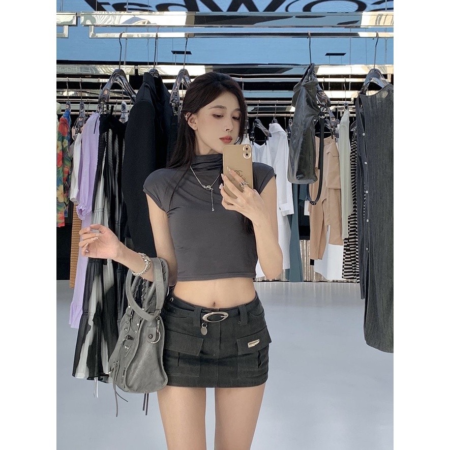 Jiashucheng Váy Ngắn Lưng Thấp Màu Xám Phong Cách Retro Mỹ Mùa Hè Mới Cho Nữ