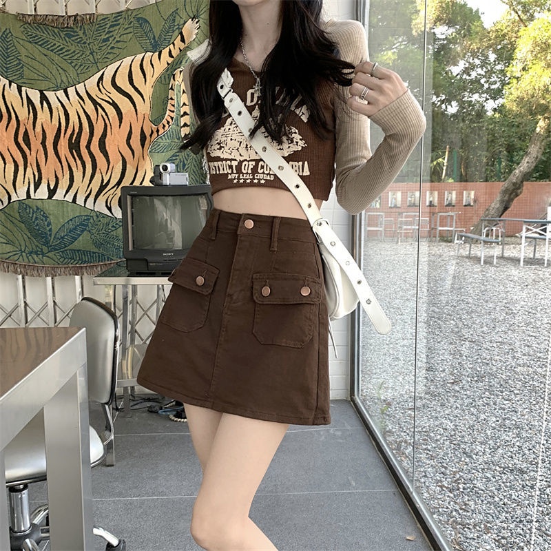 Jiashucheng Chân Váy Denim Chữ A Lưng Cao Phong Cách Hong Kong Thời Trang Mùa Hè Hàng Mới Dành Cho Bạn Nữ